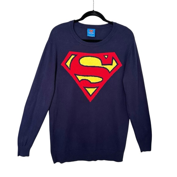 Superman Knit Sweater | DC Comics Logo Pullover | Navy Blue Graphic Sweater L - Picture 2 of 10